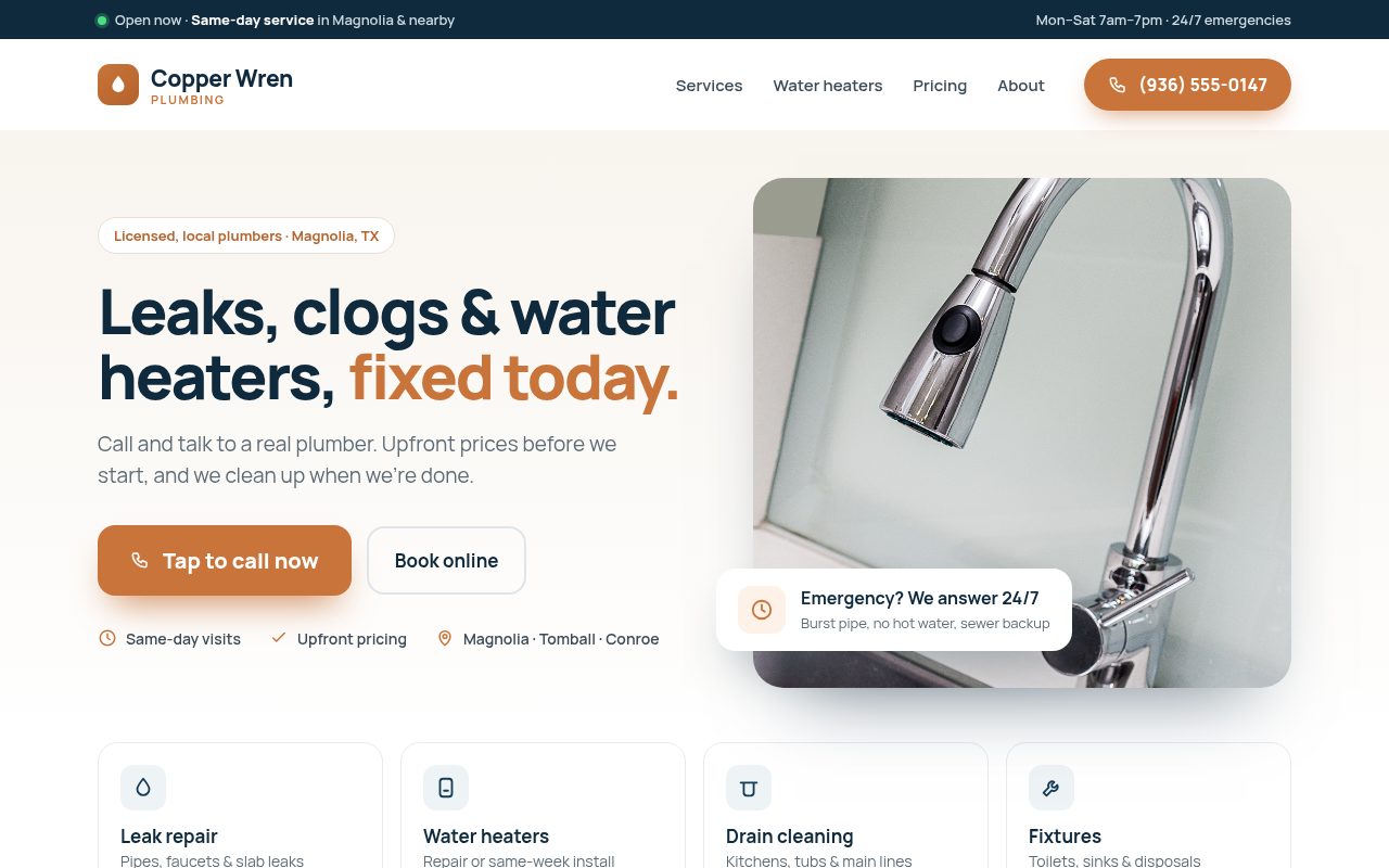 After: the clean, modern homepage for Copper Wren Plumbing